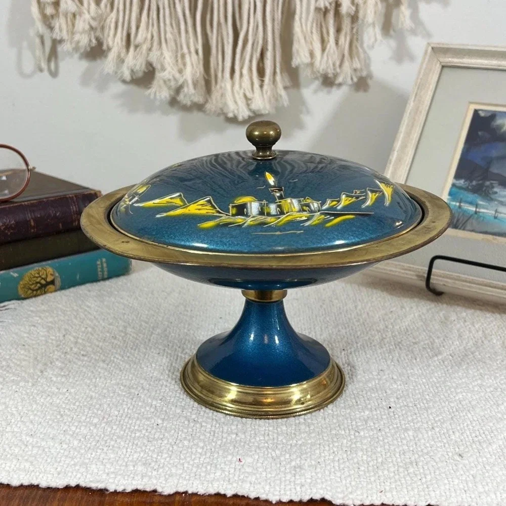 VTG Sabra Israel Hand-Painted Brass Enamel Covered Dish on Pedestal (3948)
